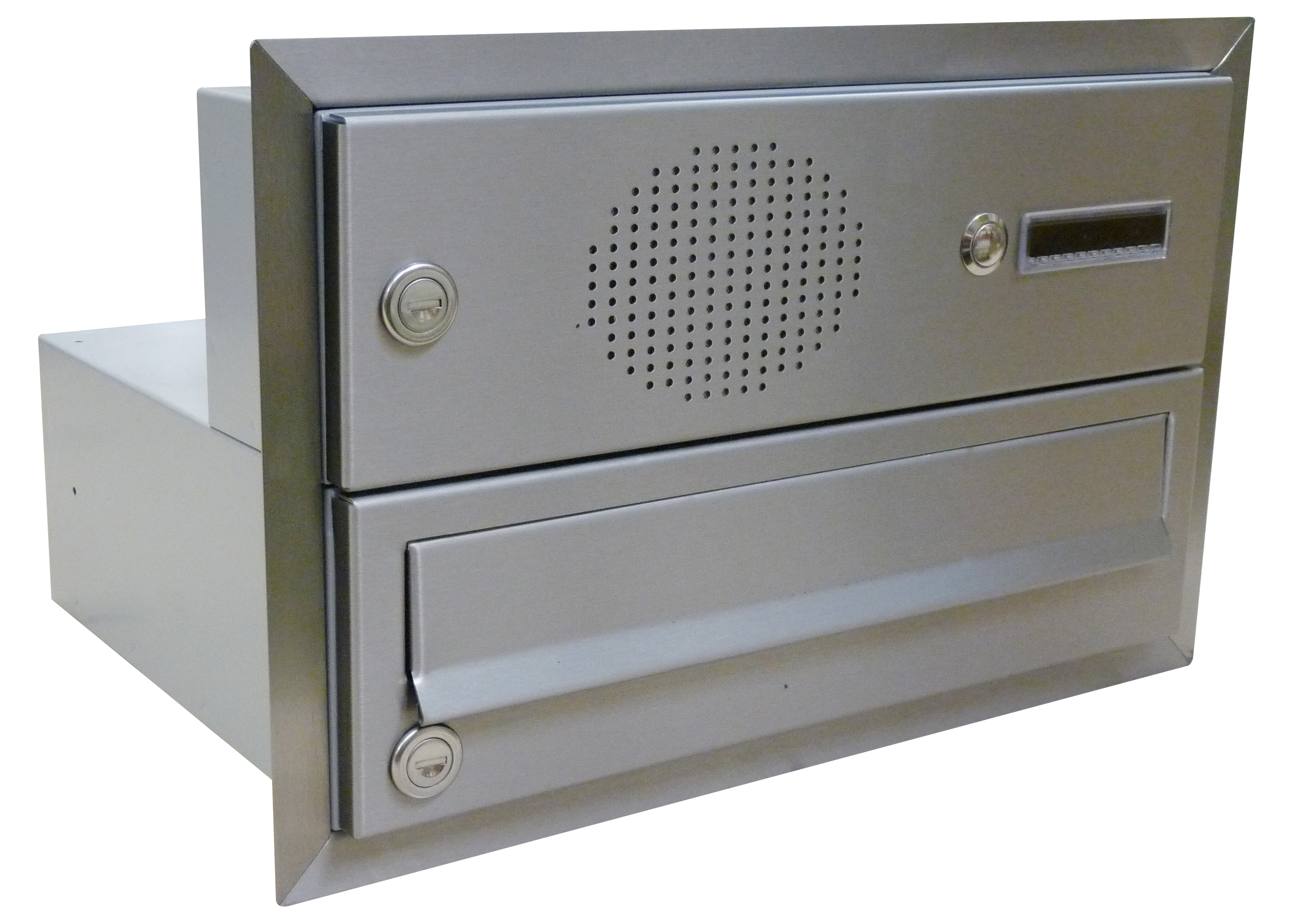 Poštovní schránka B-017 do sloupku + horní elektroschránka s 1x zvonkem a přípravou pro HM + orámování L profilem - NEREZ